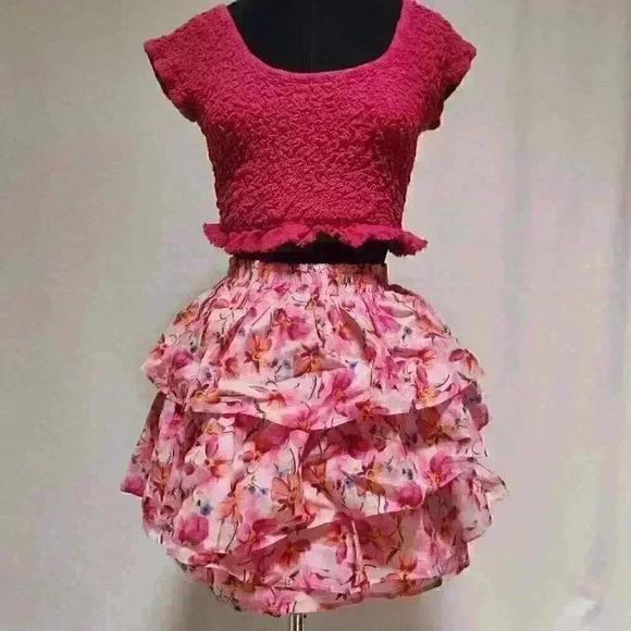 Endless Rose Pink Floral Large Multi-Tiered Ruffle Mini Skirt for Spring Summer - Picture 3 of 13